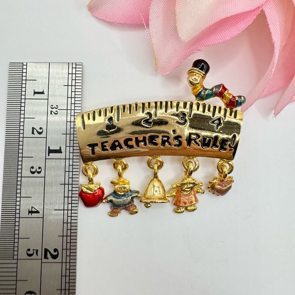 Vintage Danecraft Teachers Rule! Pin Brooch Ruler Charms Worm Cute Whimsical - Picture 6 of 9